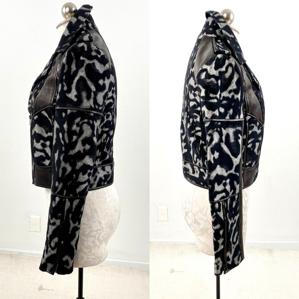 DVF Diane Von Furstenberg Jacket 6 S/M Moto Leather Wool Print Black Grey NWOT - Picture 6 of 15